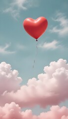 Fototapeta premium Dreamy Red Balloon Floating in Pastel Sky with Whimsical Cloud Magic