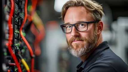 Professional IT technician with glasses smiling in a server room, surrounded by technology wires and equipment, showcasing modern data management expertise