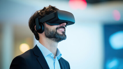 Businessman with beard wearing virtual reality headset in modern office looking up, experiencing virtual environment with excitement and curiosity