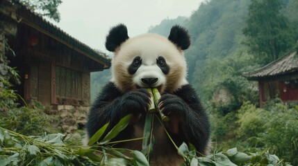 Obraz premium A playful panda chewing bamboo in a lush green forest