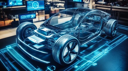 Fototapeta premium Futuristic Automotive Factory, showcasing a car frame with electric motor and battery, utilizing AI technology for remote quality control in innovative vehicle manufacturing.