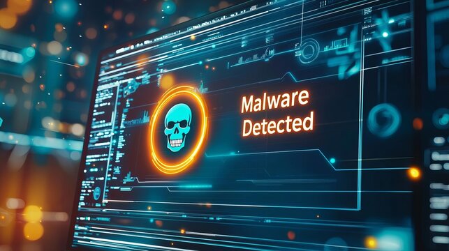 Hacker Cybersecurity Black Hat Digital alert showing malware detection on a computer screen with code background.