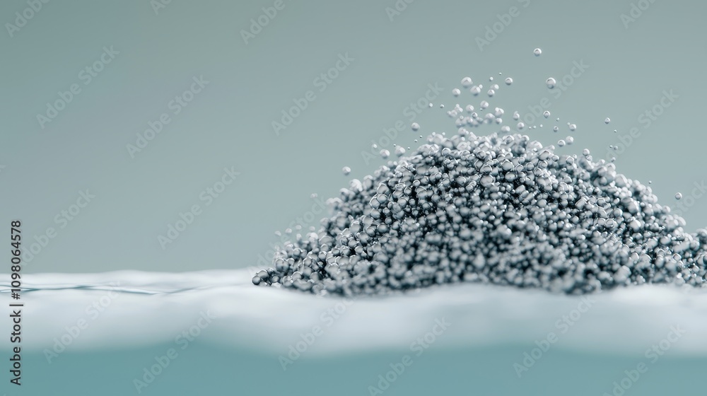 Poster shimmering abstract scene featuring futuristic elements and fluid dynamics in a minimalistic setting