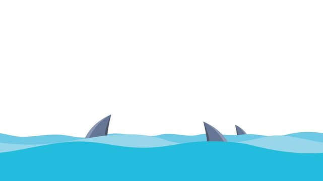 illustration of a group of sharks showing their fins on a wavy sea surface, alpha channel setting background, looping animation