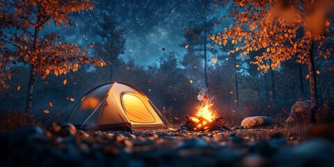 Cozy Autumn Campsite with Campfire Under Starlit Sky