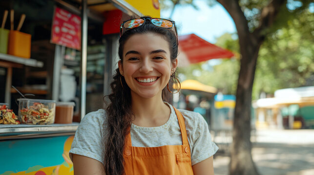 Joyful young lady in an orange apron operating her food truck business on a sunny day