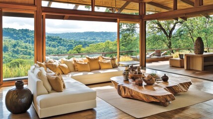 Obraz premium Bright, airy Japanese living room with open space, neutral tones, and natural materials