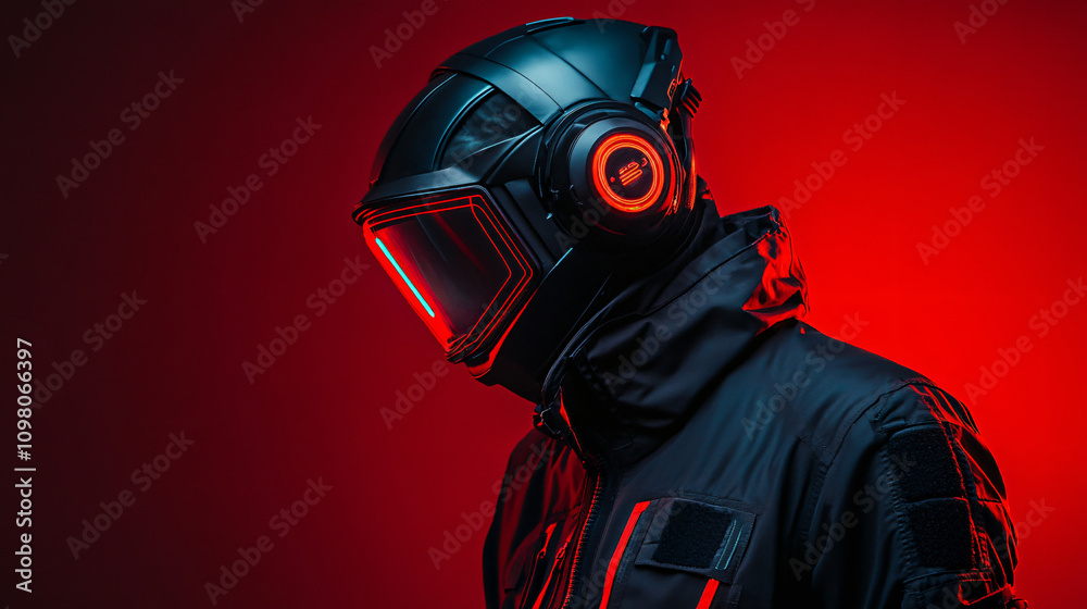 Poster Futuristic astronaut with illuminated helmet posing against a red backdrop, ideal for sci-fi and space exploration concepts