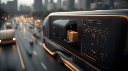 Futuristic cargo transportation system featuring a sleek aerodynamic autonomous semi truck equipped with hover based suspension and a state of the art logistics dashboard