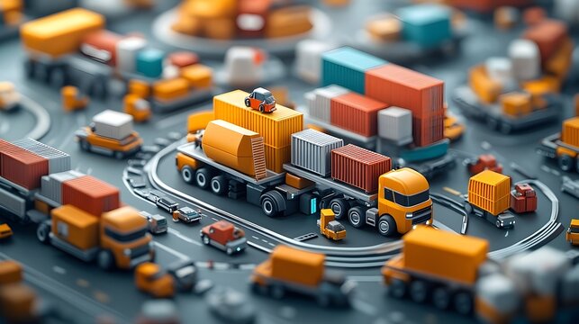 A highly advanced and interconnected transportation logistics system featuring a fleet of cargo trucks  containers  and distribution hubs equipped with smart tracking technologies