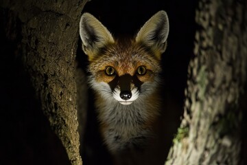 Mysterious Fox Peering Through Forest Shadows with Intriguing Gaze