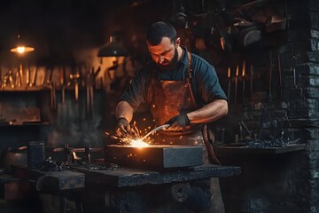 Blacksmith at work: a craftsman in a workshop forging metal with precision, surrounded by sparks and traditional tools