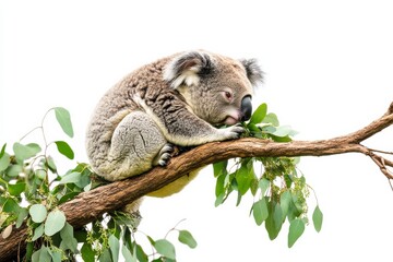 Obraz premium Adorable Koala Resting on a Tree Branch Surrounded by Vibrant Green Leaves