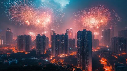 Obraz premium Lunar New Year Celebration, vibrant fireworks burst above modern high-rise buildings, illuminating an apartment complex, creating a festive atmosphere in the night sky.
