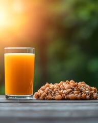 Refreshing orange drink with a side of healthy snack