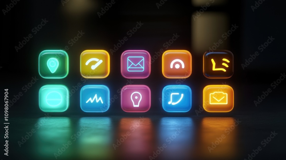 Poster Neon Glowing App Icons Displayed On Dark Surface