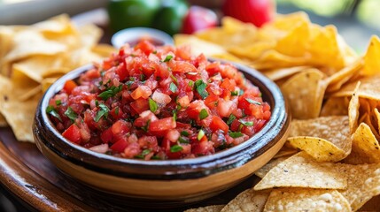 Fresh and Colorful Salsa with Tortilla Chips Ready for Snacking in a Rustic Bowl Surrounded by Ingredients and Natural Light