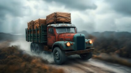 Obraz premium A vintage weathered all terrain cargo truck navigating winding dirt paths through a remote rustic countryside landscape with natural lighting and a timeless industrial aesthetic
