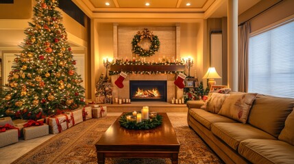 Christmas living room, fireplace, tree.