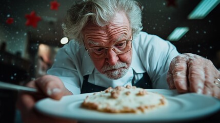 Chef concentrates on plating dessert in a busy kitchen during evening service