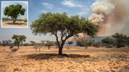 Fototapeta premium A solitary tree stands in a dry landscape, with smoke billowing in the background from a wildfire. The scene captures the stark contrast between the green foliage of the tree.