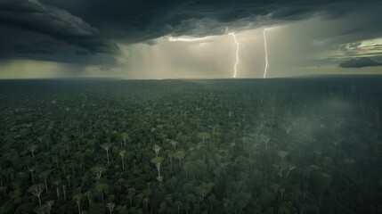 Fototapeta premium Dramatic Lightning Strikes Over Lush Green Rainforest Landscape