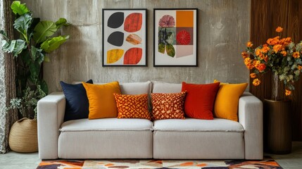 Contemporary Living Room with a White Sofa, Colorful Pillows, and Abstract Art