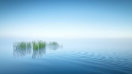 Fototapeta premium Calm Water Reflection with Grass in a Misty Blue Landscape