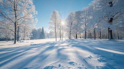 Obraz premium Serene Winter Landscape with Snow-Covered Trees and Bright Sunlight