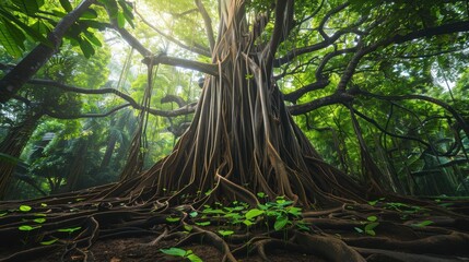 Fototapeta premium Majestic Banyan Tree with Exposed Roots in Lush Green Jungle