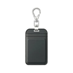 Blank black leather ID card holder with steel carabiner hook isolated on white background, office supplies