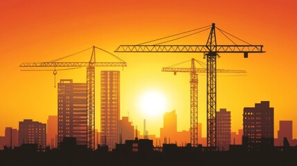 Sunset Silhouette of Construction Cranes and City Buildings
