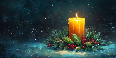Christmas Candle with Holly and Pine for Holiday Decor