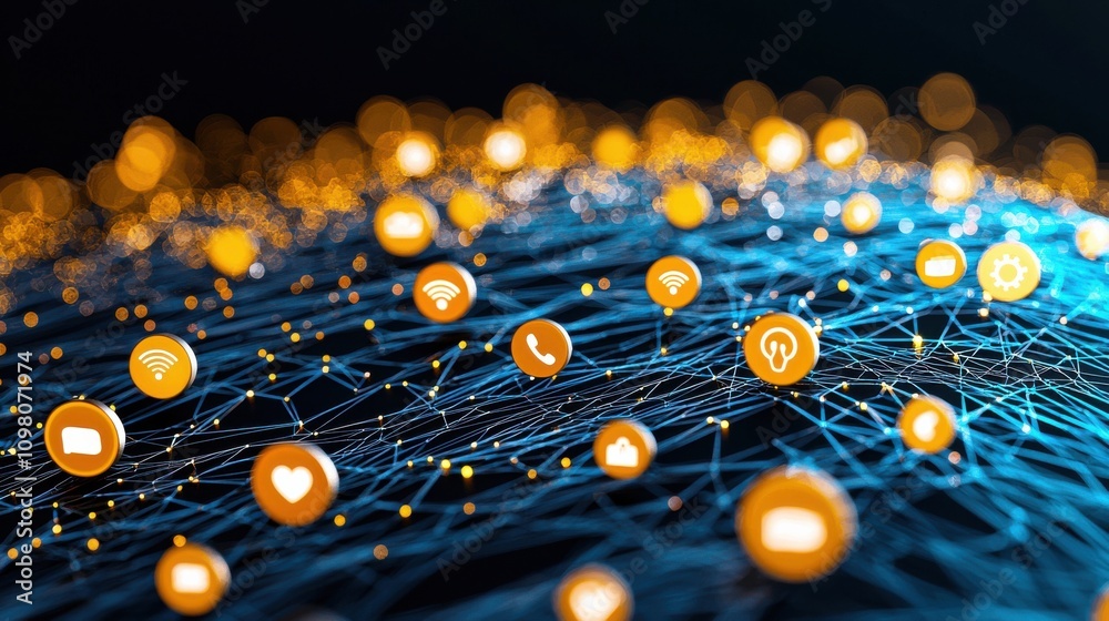 Poster glowing interconnected network of digital nodes and particles in abstract geometric pattern