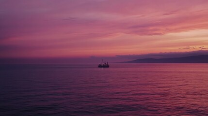Fototapeta premium Oil Rig at Sunset Over Ocean, an impressive scene of an oil platform silhouetted against a vibrant sunset sky, reflecting the beauty of nature and industry merging.