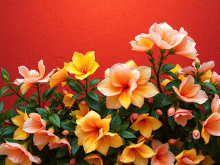 Fototapeta premium Lush yellow and pink blossoms pop against a deep red wall, bright accents, seasonal blooms, botanical artwork
