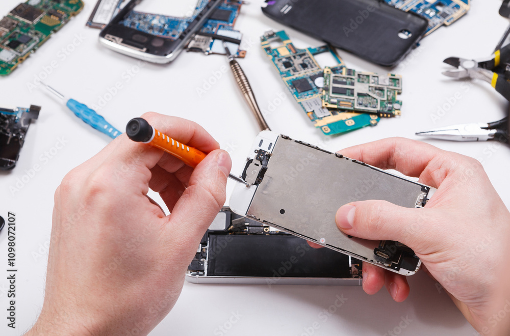 Aufkleber repairman disassembling smartphone with screwdriver. technician fixing broken phone, electronics rep