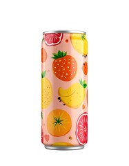 Obraz premium Fruit drink can in various fruits pattern isolated on white background, product packaging mockup design