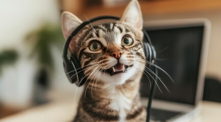 Tabby cat is smiling in the headphones, customer service concept 