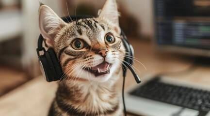 Cute cat wearing headset enjoys cheerful computer time in cozy home office