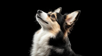 Obraz premium Corgi gazing upwards with curiosity against a dark background in a studio setting