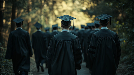 Graduates walking along a wooded path at sunset, celebrating the end of their academic journey in a serene natural setting