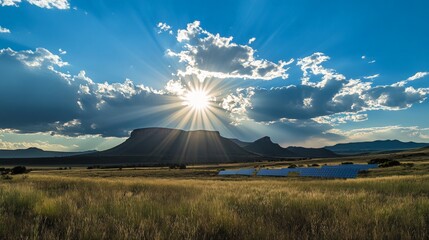Sunlit Solar Panels on Grassland, vibrant green energy scene with a bright sun, blue sky, white clouds, and lush fields, showcasing modern sustainability in harmony with nature