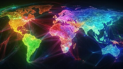 A colorful digital representation of a world map with interconnected lines symbolizing data flow.