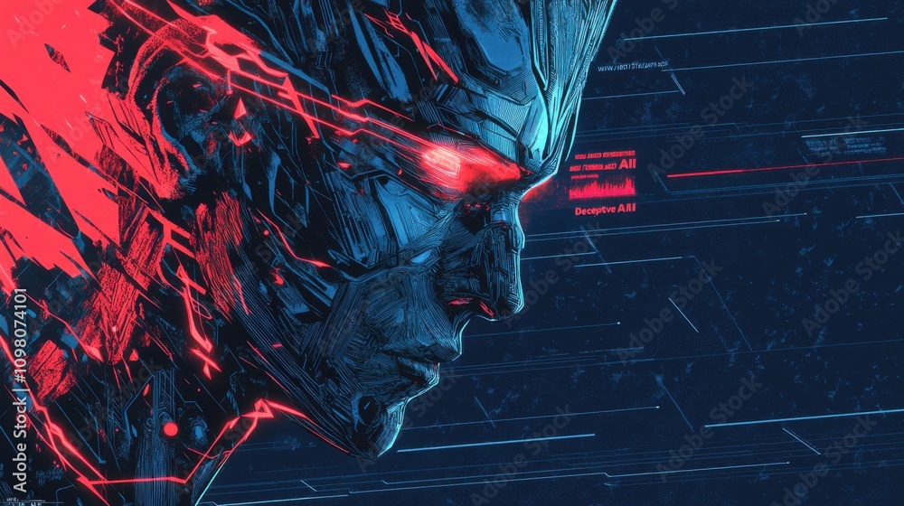Poster a humanoid head with a neural network is thinking. an ai with a digital brain is learning to process