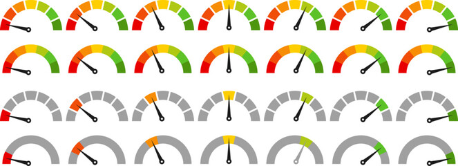 Fototapeta premium Speedometer, gauge meter icon set. Speed dial indicator. high barometers, dashboard with arrows 