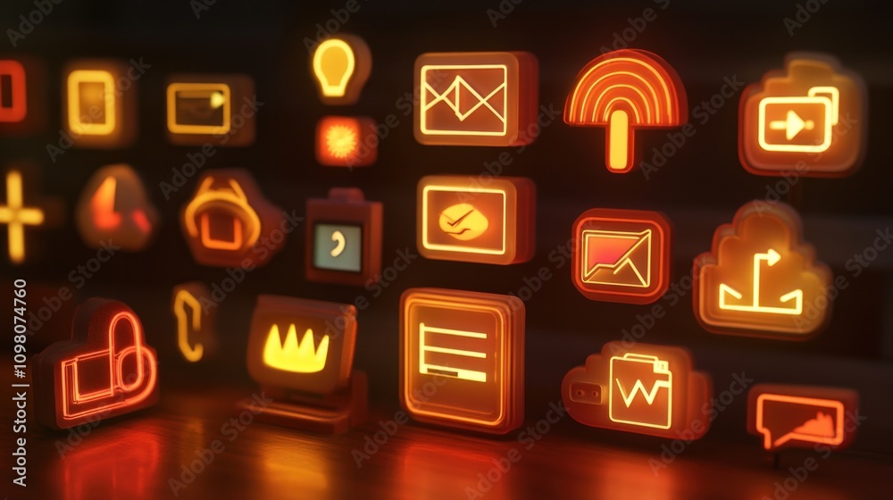 Poster Glowing Neon App Icons Displayed On Dark Background
