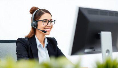 Smiling woman in glasses and headset providing client support at a modern workplace