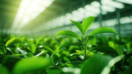 Fototapeta premium the environment greenhouse adaptation Concept. A close-up view of vibrant green tea leaves growing in a greenhouse, illuminated by soft sunlight filtering through the glass.
