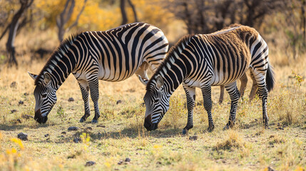 Naklejka premium A group of zebras grazes peacefully in the golden grasslands of an African savanna during a warm sunny afternoon